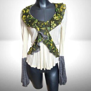 Roberto Cavalli Silk-Blend Ruffle Top – Floral + Animal Print Details